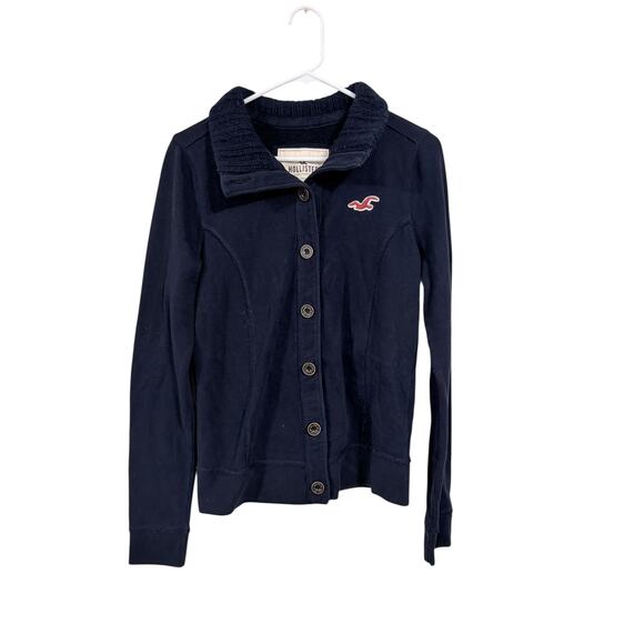 Hollister Button-Up Cardigan with Sweater Collar Navy Blue Women's Size Large - Picture 1 of 6